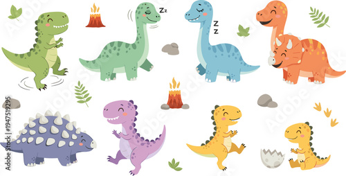 Playful Cartoon Dinosaurs with Volcanic and Nature Elements for Kids' Educational and Fun Designs
