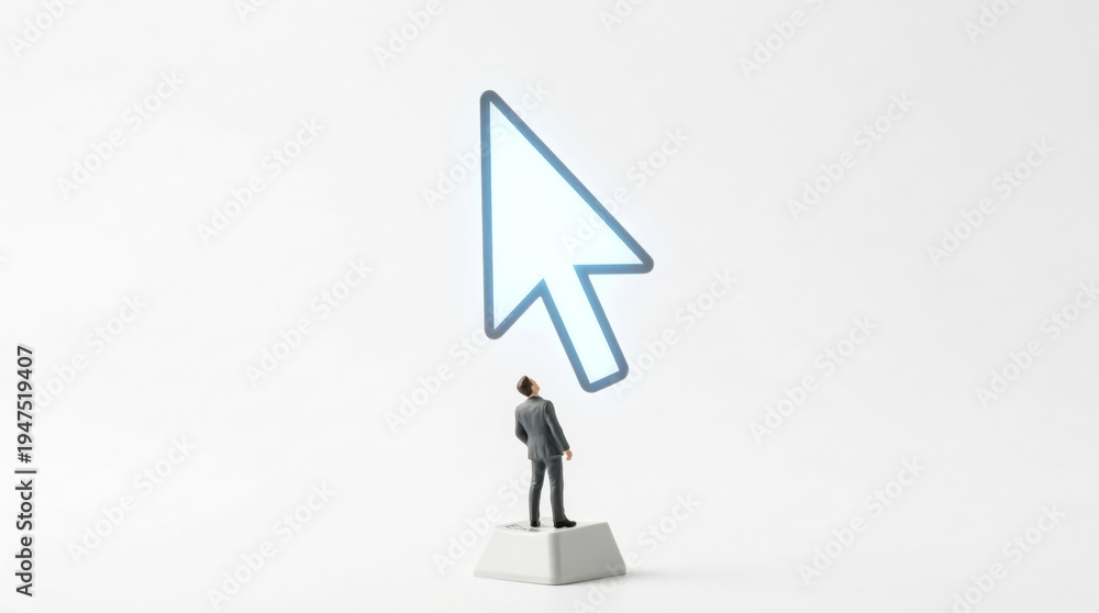 Fototapeta premium Miniature Businessman Figurine Standing on Keyboard Key Looking Up at Giant Digital Mouse Cursor on White Background Technology Concept