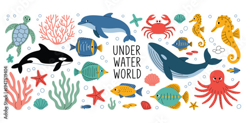 Underwater world with colorful sea creatures and coral reefs on white background Keywords: underwater, ocean, sea, world, marine