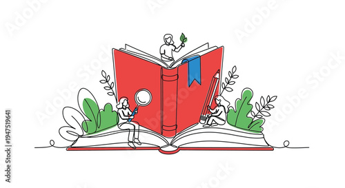 People interacting with a large open book in a whimsical illustration