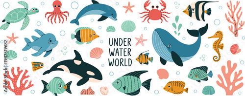 Underwater world with diverse sea life and coral in cartoon style on pink background Keywords: underwater, ocean, sea, world