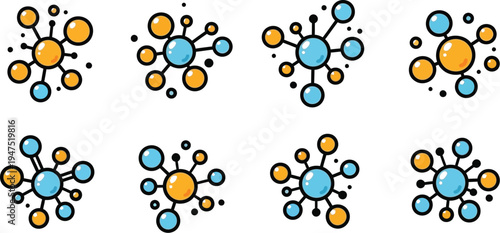 Collection of eight stylized abstract molecular network icons featuring interconnected blue and orange spheres suggesting science chemistry biology or connection themes
