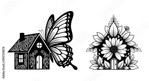 Whimsical black and white illustrations of a house with butterfly and floral motif Vector, illustration