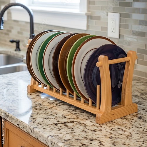 Illustration of wooden plate rack holding assorted plates on kitchen countertop near sink