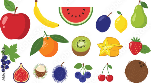 Colorful Fruit Illustration Set Featuring Apples, Bananas, Watermelon, Pears, Kiwi, Berries, and More for Food, Health, and Nutrition Designs