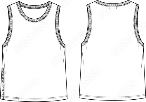 "Technical flat fashion sketch of sleeveless tank top showing front and back views with round neckline, ribbed trim, relaxed fit, apparel design garment construction illustration"