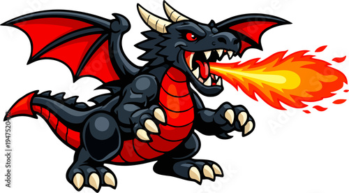 Aggressive Black and Red Dragon Breathing Fire — Cartoon Vector Mascot Illustration of Fantasy Dragon Character for Game, Sport, and Esport Logo Design