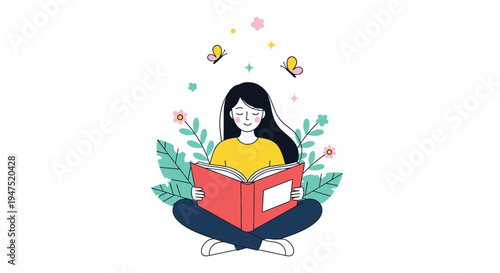 A young woman sits cross legged peacefully reading a vibrant red book