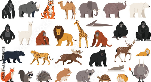 Canvas Print Wild Animal Illustration Set Featuring Lions, Tigers, Gorillas, Bears, and More