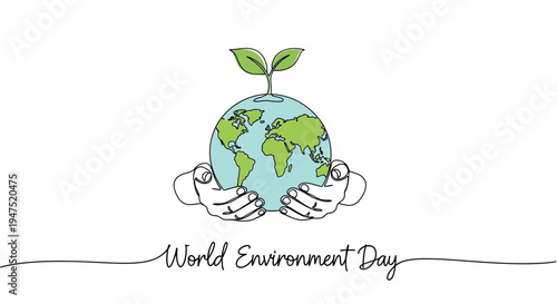 Hands cradling the earth with a seedling celebrating world environment day