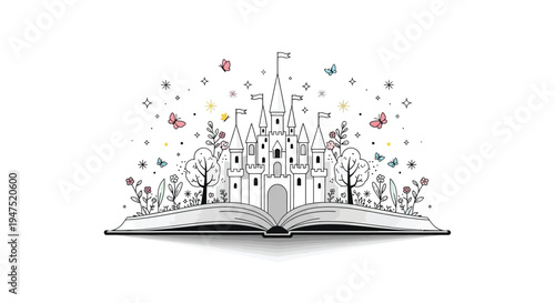 A fairytale castle emerges from an open book with butterflies and stars