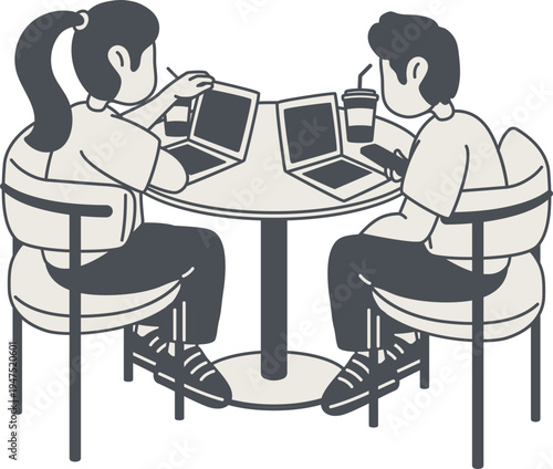 Teman bekerja bersama menggunakan laptop di kafe