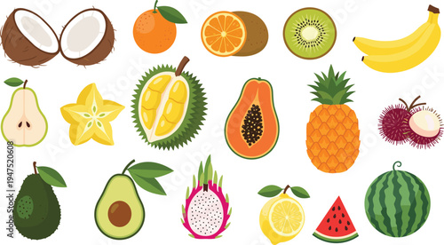 Colorful Fruit Illustration Set Featuring Avocados, Bananas, Watermelon, Papaya, Pineapple, Kiwi, and More for Food, Health, and Nutrition Designs