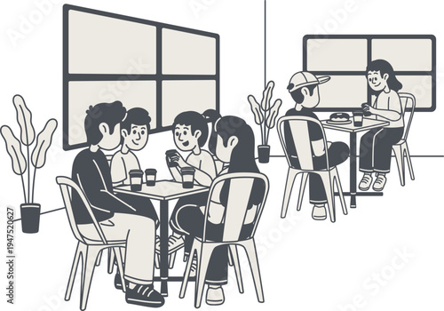 Sekelompok mahasiswa berkumpul santai di kafe