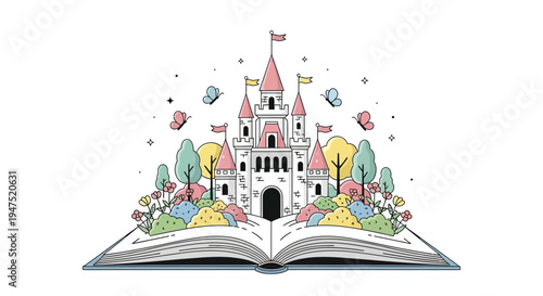 A colorful castle emerges from an open storybook with butterflies