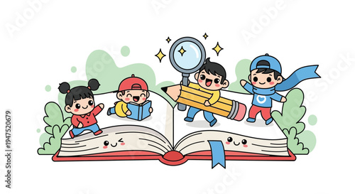 Children exploring a vibrant open storybook with learning tools