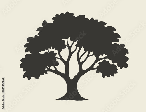 Minimalist black silhouette of a tree with a full canopy and visible branches white