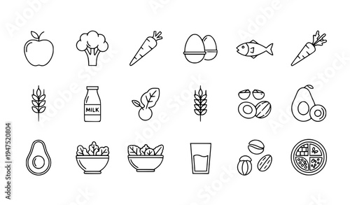 Nutrition and healthy eating thin line icon set with food ingredients meals diet and fresh produce vector