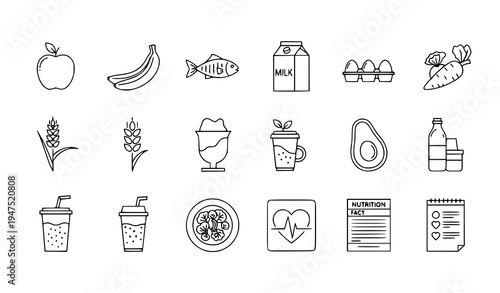 Food nutrition thin line icon set with healthy eating ingredients diet balance and fresh produce outline vector
