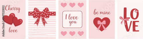Valentine's Day themed collection of five cards with hearts and bows Keywords: valentine, love, hearts, bow, pink, red, greeting