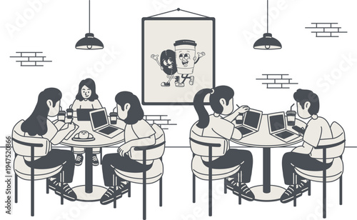 Tampilan luas interior kedai kopi yang ramai