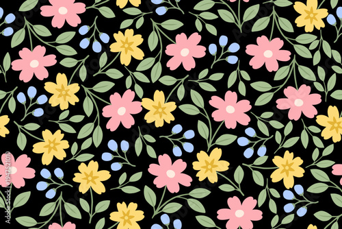 Seamless floral pattern with pink and yellow flowers, blue berries, and green leaves on a black background. Charming botanical design ideal for fabric, wallpaper, and decor.