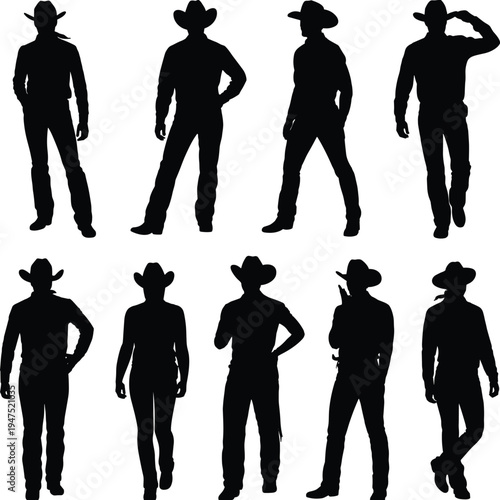Cowboy silhouettes set, western ranch men with hats standing walking poses, wild west characters vector illustration collection