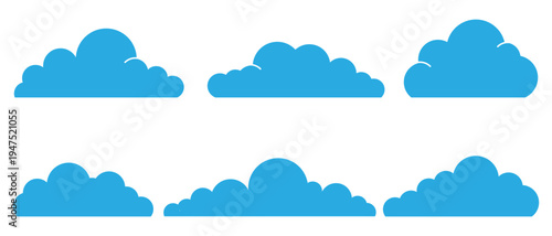 Collection of simple blue cloud shapes in flat style. Clean vector set suitable for weather icons, app interfaces, presentations, infographics, and digital design elements.