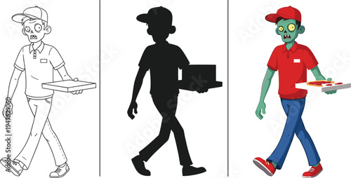 Pizza delivery character vector illustration, line art silhouette and zombie cartoon artwork, food courier design, creative fast food theme, humorous Halloween art