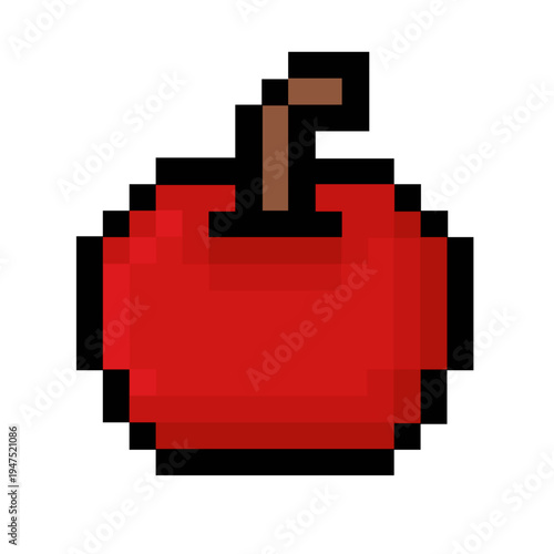 Vibrant red pixel art apple illustration with a nostalgic 8-bit aesthetic, perfect for retro gaming themes, digital food concepts, and vintage graphic design projects