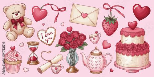 Valentine's Day themed collection of romantic objects and treats Keywords: valentine, valentines day, love, heart, teddy bear
