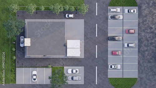 Foto Top view 3D render of a modern commercial building with a parking lot, cars, and