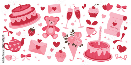 Valentine's Day Themed Objects Pink and Red Cake Teddy Bear Roses Envelopes Hearts romance love