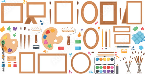 Collection of professional art supplies including wooden picture frames, paint palettes, watercolor sets, brushes, pencils, and rollers for creative studio workshops or educational design projects.