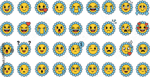 Colorful Sunflower Emoji Icon Set with Various Facial Expressions for Digital Media, Social Media, Messaging Apps, and Web Design