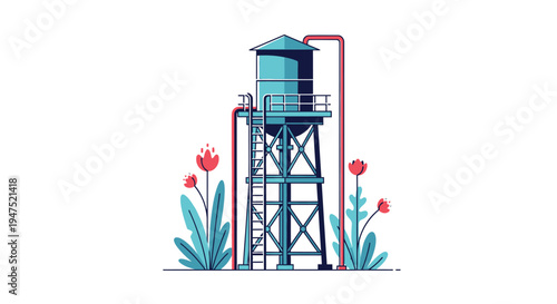 Stylized illustration of a water tower with surrounding floral elements