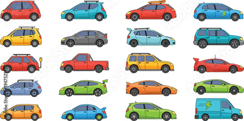 Large collection of flat vector car icons featuring various vehicle types including electric cars, sports coupes, sedans, hatchbacks, suvs, and delivery vans for automotive industry design projects.