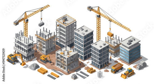 Isometric illustration of a bustling construction site with multiple buildings