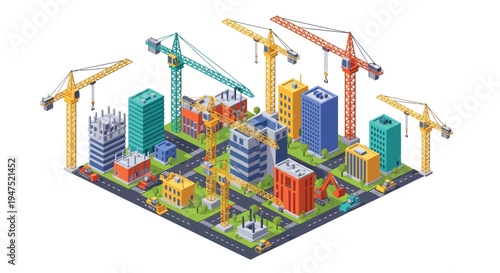 Isometric cityscape with multiple construction cranes and building sites