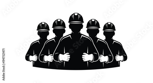 A group of construction workers depicted in a black and white silhouette