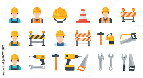 Construction workers tools and safety equipment in a flat vector design