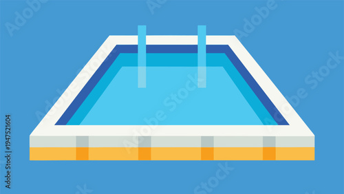 A trapezoidal swimming pool with a white rim and orange base features two light blue vertical posts submerged in cyan water against a solid blue background.