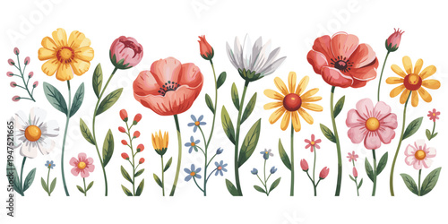 Watercolor floral border with various blooming flowers and green leaves Keywords: flower, floral, blossom, bloom, garden, nature