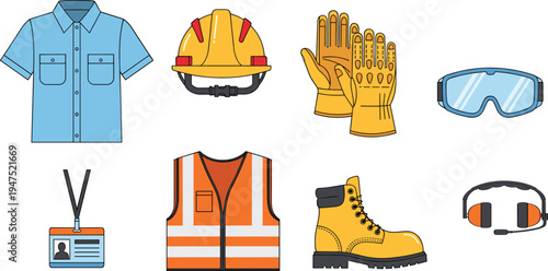Professional personal protective equipment vector collection featuring hard hat safety vest work boots gloves goggles and earmuffs isolated on white background for industrial safety