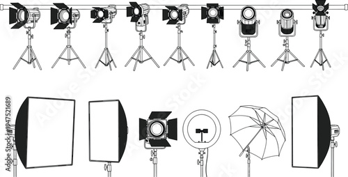 Professional photography studio lighting equipment collection vector set, softbox spotlight ring light and umbrella reflectors on tripod stands isolated on white background illustration