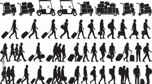 Airport travelers silhouettes set with luggage carts suitcases passengers walking travel transport logistics vector collection