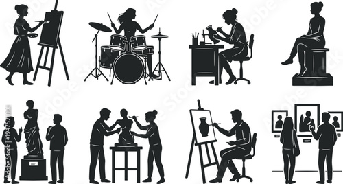Artist people silhouettes set showing painting sculpting drumming museum viewing creative art studio activity vector