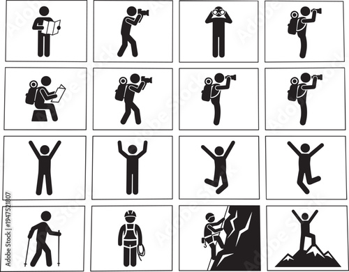 Adventure activity silhouettes set, photographer explorer climber hiking traveler outdoor lifestyle stick figure vector icons