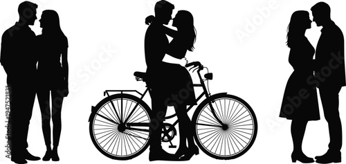 Romantic black silhouette collection of loving couples embracing and standing by a vintage bicycle isolated on white background for wedding and anniversary designs.