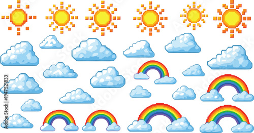 Set of vibrant pixel art weather elements featuring glowing suns, fluffy white clouds, and colorful rainbows for retro 8-bit style video game sky environment design.
